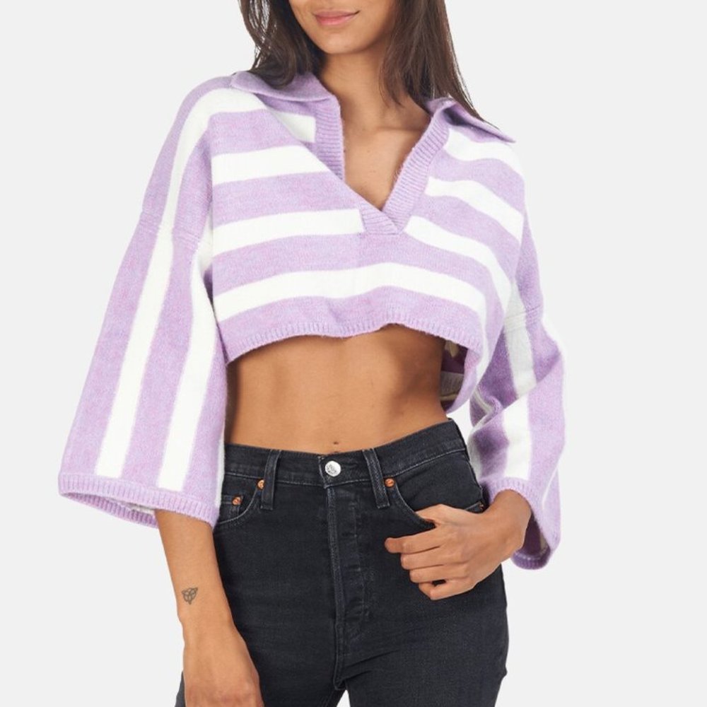For Love And Lemons Lavender and White Striped Cropped V‑Neck Sweater